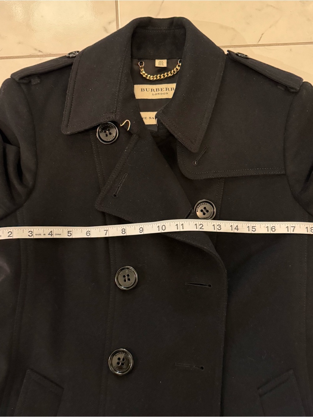 Burberry London Sandringham Black Wool Double-Breasted Coat, Belted Waist - Picture 10 of 12